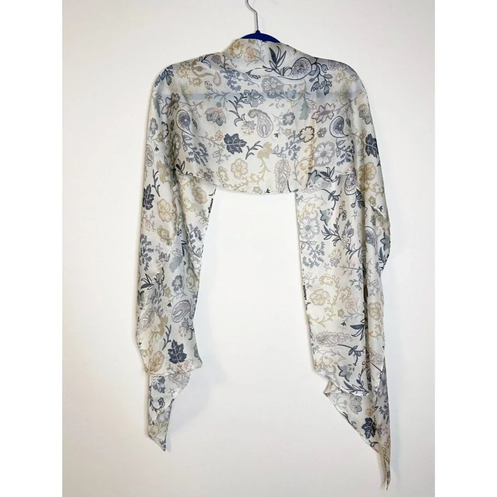 Vintage Floral Chiffon Scarf Cream Gray Beige Paisley Boho Romantic Wrap